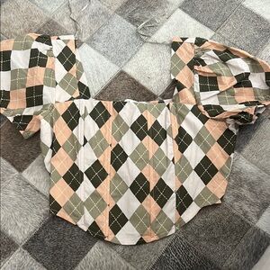 Stylish Argyle Puff Sleeve Top